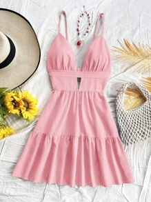 Soleia Robe nuisette à volants sans dos de couleur unie pour femmes, style décontracté et vacances, été - Rose bonbon - Voir 4