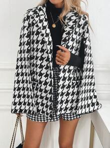SHEIN Clasi Poncho elegante de lana tipo ruana de mujer a cuadros escoceses, ideal para el otoño - Blanco y Negro - Ver 6