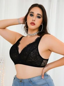 Plus Size Brassiere With Romantic Lace Patchwork, Full Coverage, Comfortable Daily Wear - Black - View 4