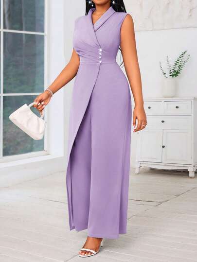 SHEIN Lady 大码女式蓝色无袖阔腿连体裤配交叉领和珍珠装饰演唱会女装女式连体裤四季