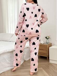 Dream Adore Heart Print Round Neck Long Sleeve Pajama Set - Pink - View 2