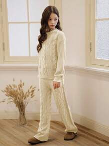 SHEIN 2pcs/Set Tween Girl Fashion Set, Korean Style Cable Knit Sweater + Drape Pants - Apricot - View 6