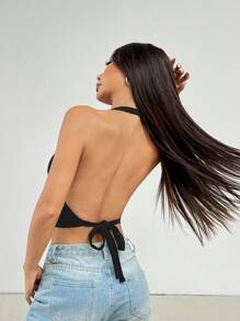 SHEIN PETITE Top sin mangas de verano de color liso con escote en la espalda y cuello colgante para damas - Negro - Ver 3