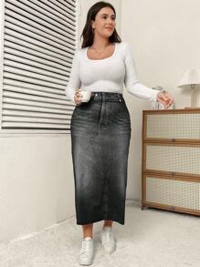 SHEIN Essnce 大码女式休闲长款牛仔效果印花裙 - 黑色 - 查看 3