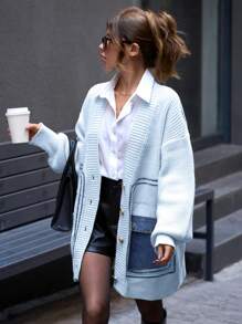 EURMUSE Knitwear Cardigan With Denim Detail Fall Winter Outwear Jacket - Baby Blue - View 3