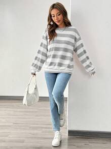 Chiquease 女士休闲落肩长袖条纹圆领运动衫秋季 - 淺灰色 - 查看 3