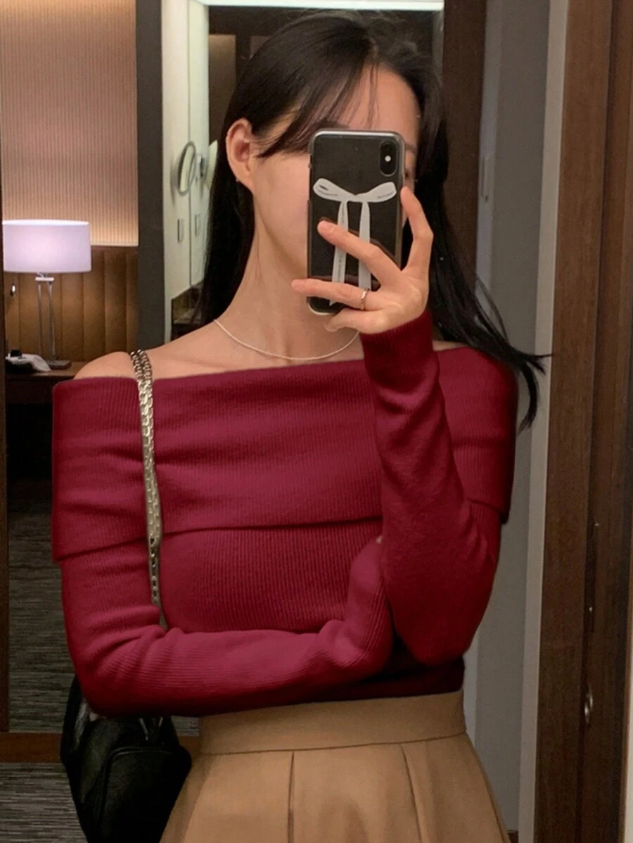 DAZY 女士休闲优雅纯色露肩毛衣,适合秋冬季日常穿着露肩毛衣,秋季女装 - 酒紅色 - 查看 1
