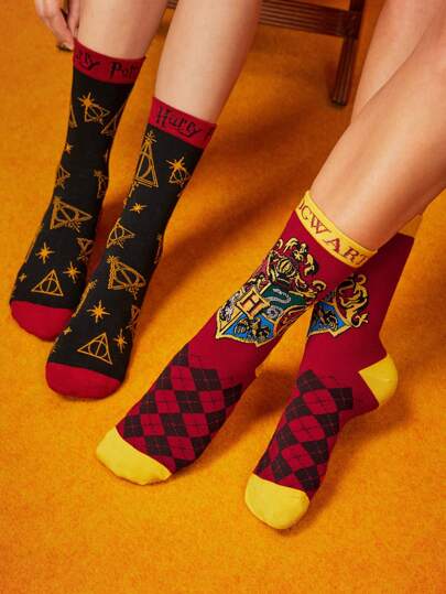 HARRY POTTER X SHEIN 2 pares de calcetines de mujer con bloques de color y parches geométricos y de animales, regalos, vuelta al colegio