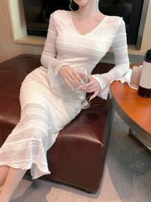 DAZY V-Neck Lace Mermaid Midi Dress For Women,Ruffle,Fall Clothes Long Sleeve Dress