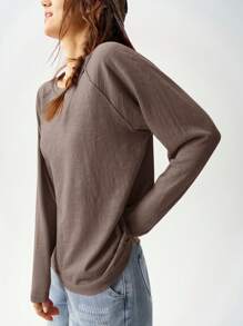 Bohemela Solid Color Knit Round Neck Raglan Sleeve Long Loose Casual T-Shirt For Women, Suitable For Holiday