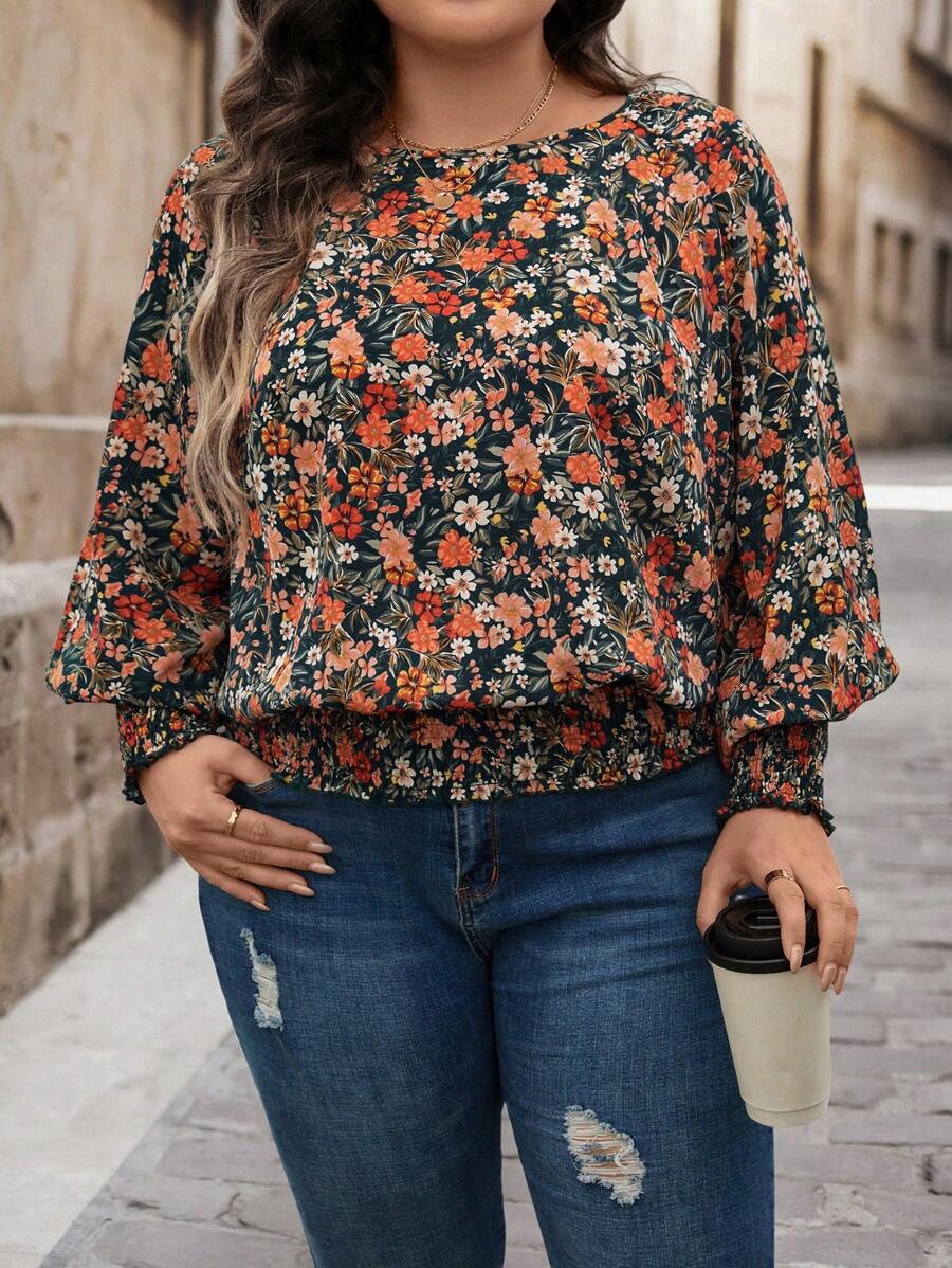 SHEIN LUNE 大码女式花卉印花泡泡袖褶皱下摆衬衫，充满度假气息，春秋季大码秋装