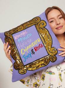FRIENDS X SHEIN Taie d'oreiller décorative avec impression de lettre à paillettes réversibles, cadre, idéal pour les cadeaux