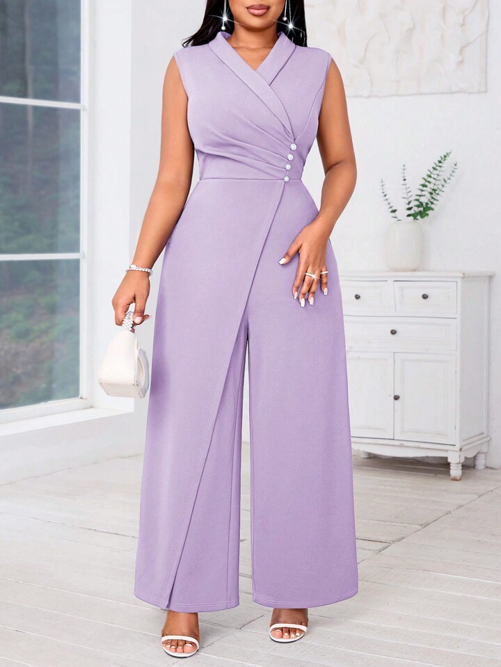 SHEIN Lady Plus Size Women's Blue Sleeveless Wide Leg Jumpsuit With Cross Neck And Pearl Decor Concert Women Outfit Women Jumpsuit Four Seasons