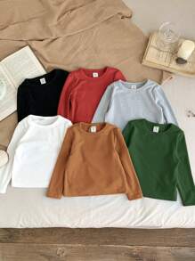SHEIN LMoss Kids Paquete múltiple de tops de punto de manga larga de unicolor de moda para bebé niña, otoño/invierno