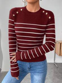 SHEIN Clasi Áo len tay raglan kẻ sọc Colorblock cỡ lớn, thường ngày cho mùa thu/đông - Màu Đỏ Sâu - Xem 6