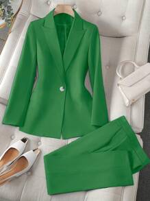 SHEIN Clasi Women's Solid Color Single Breasted Long Sleeve Blazer And Trousers Elegant Business Suit Set