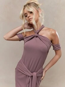 MISSGUIDED 平纹针织挂脖式领口结饰腰部露肩长裙 - 摩卡棕 - 查看 3