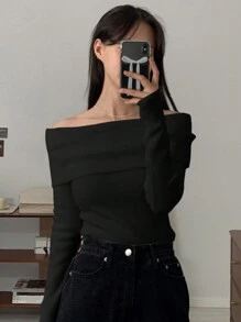 DAZY 女士纯色露肩长袖休闲毛衣，秋冬露肩毛衣，秋季女装 - 黑色 - 查看 3