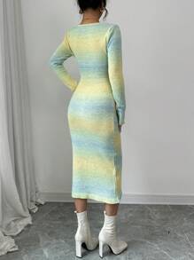 Chiquease Elegant Long Deep V-Neck Wide Collar Colorful Knit Sweater Dress Fall Cloth For Women - Blue - View 2