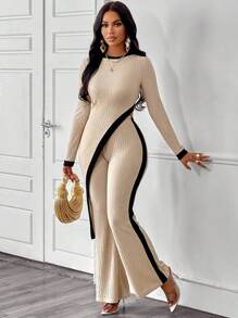 SOLERSUN Asymmetrical Hem Tee & Flared Pants Women's 2pcs Set Fall Cloth For Women - Apricot - View 3