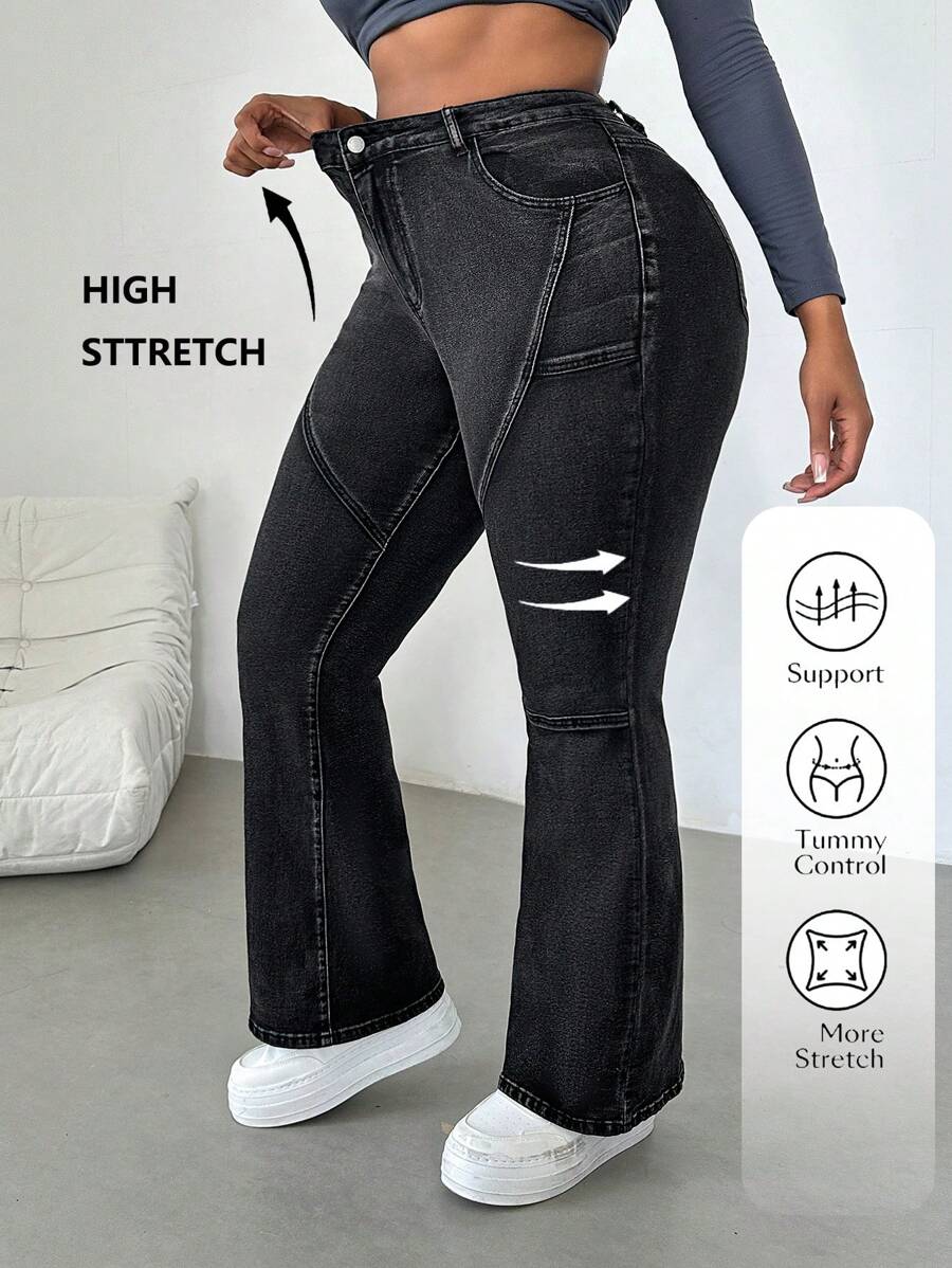 SHEIN Essnce 大码休闲紧身弹力喇叭牛仔裤，黑色 - 黑色 - 查看 1