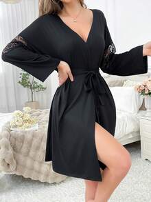 Minimalist Soft & Breathable 3/4 Sleeve Lace Patchwork Robe - Black - View 6