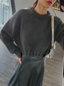 DAZY Áo len chui đầu dáng rộng tay raglan màu trơn thường ngày cho nữ, quần áo mùa thu - Xám - Xem 3