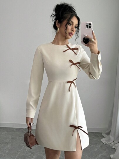 Selianne Vestido de mujer elegante con lazo y dobladillo con abertura para el otoño