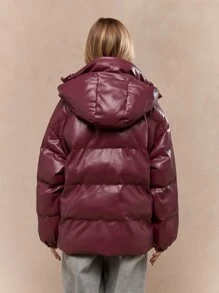 MISSGUIDED Oversized Winter Quilted Puffer Hooded Jacket Insulated Outerwear Faux Leather Waterproof Snow Coat Cold Weather Protection Warm Quilted Snow Coat