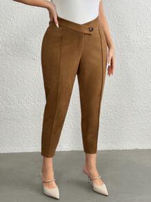 SHEIN LUNE Plus Size Women Deer Suede Fabric Skinny Leggings - Black - View 4