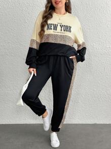 SHEIN LUNE 2 sztuki/zestaw Okrągły dekolt Długi rękaw Gładki Patchwork Nadruk liter Minimalistyczny zestaw topów i spodni