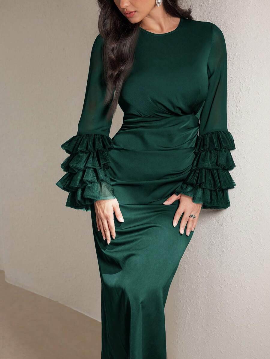 Veilorie Vestito casual lungo con collo rotondo, maniche lunghe, plissettato, colore unito, minimalista, modesto, da donna