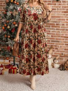 SHEIN LUNE Đầm Maxi Cổ Tròn In Hoa Cỡ Lớn Cho Nữ, Thanh Lịch Cho Mùa Thu, Trang Phục Giáng Sinh Cho Nữ - Nhiều màu - Xem 3