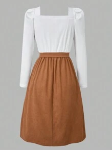 Áo thun cổ vuông tay bồng cho bé gái tuổi teen có nút trang trí và chân váy chữ A bằng vải nhung kẻ - Màu Khaki - Xem 2