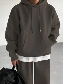 DAZY Men Solid Color Long Sleeve Drawstring Hoodie And Sweatpants Casual 2 Pieces Set, Autumn - Dark Grey - View 4