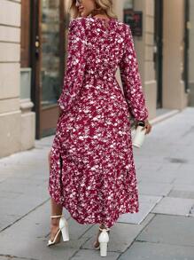 SHEIN LUNE 1 pieza Vestido largo con manga farol, cintura entallada y estampado floral pequeño para mujer, elegante estilo de resort, vestimenta para mujer maxí de color borgoña para primavera y otoño - Burdeos - Ver 2