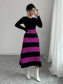 Elenzga Color Block Striped Knitted Sweater Dress - Lilac Purple - View 6