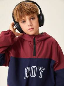 SHEIN 2pcs/Set Tween Boy Casual American Style Splice Fleece Suit - Burgundy - View 6