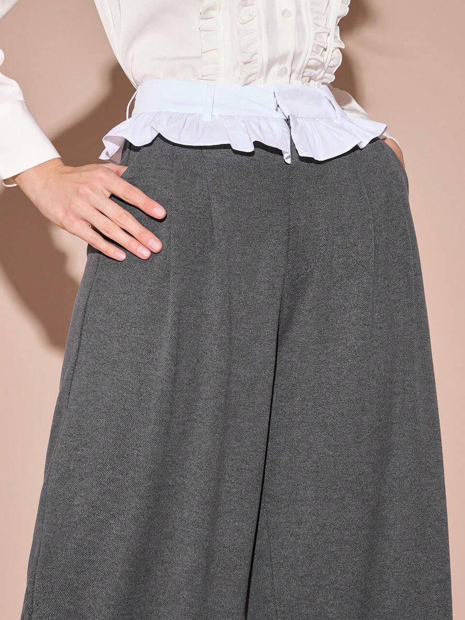 Women's Grey Autumn Thin Woolen Wide Leg Pants,Casual Versatile Contrast Color Ruffle Hem,Winter Christmas New Years Outfits,Business Casual,Office
