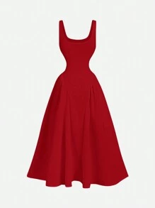 SHEIN MOD Vestido tank con pliegues en la cintura de estilo barroco rojo, vestidos de otoño, ropa - Rojo - Ver 2
