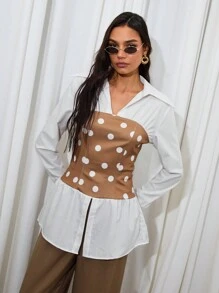 COSMINA Women's Elegant V-Neck Polka Dot Print 2-In-1 Blouse - Black and White - View 1