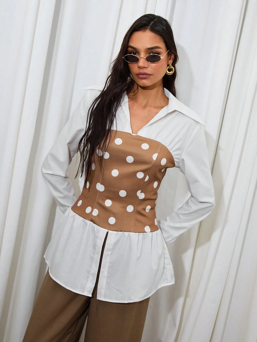 COSMINA Women's Elegant V-Neck Polka Dot Print 2-In-1 Blouse - Black and White - View 1