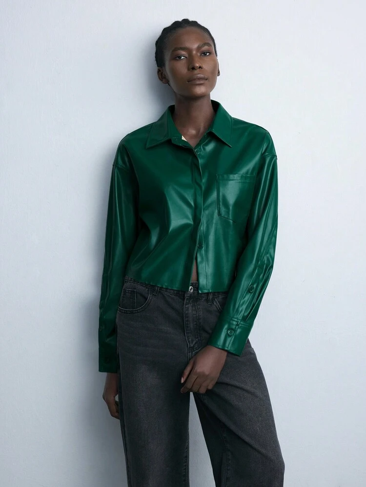 SHEIN Maija New Autumn Winter Urban Chic Elegant Retro Business Casual Outdoor Mocha Green PU Leather Shirt For Ladies