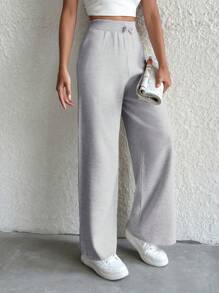 EURMUSE Women Drawstring Waist Loose Knitted Straight-Leg Pants, Casual For Daily Wear, Spring & Autumn ,Petite Women - Light Grey - View 3