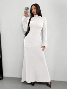 SHEIN Unity Gaun Sweater Panjang Wanita Model Kerah Tinggi, Pas Badan, Semi-Transparan, Motif Bunga 3D untuk Wanita - Putih - View 3
