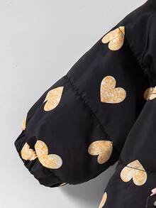 SHEIN 女婴心形印花连帽冬季外套，厚实保暖，时尚秋冬季外套 - 黑色 - 查看 3