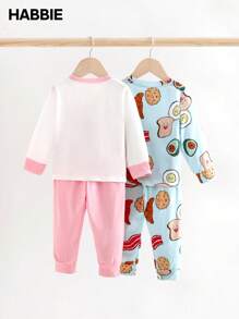SHEIN 4 件套女婴休闲日常百搭可爱卡通食物印花牛油果、面包、煎蛋、羊角面包图案圆领长袖上衣和裤子套装，适合秋冬季室内、室外、分层穿着，柔软针织面料，方便日常穿着 - 粉色 - 查看 2