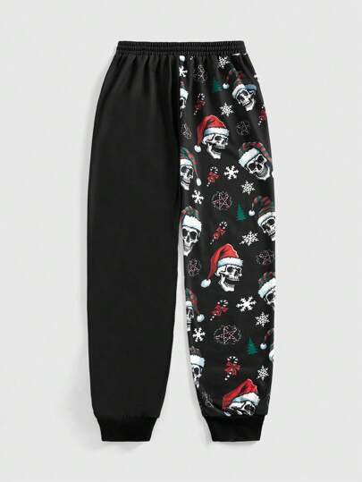 Goth Christmas Skeleton, Snowflake & Christmas Tree Graphic Print Loose Fit Plus Size Home Wear Pants For Women