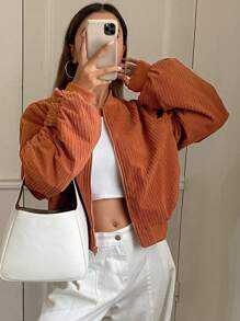 DAZY 女士灯芯绒宽松长袖收褶领拉链夹克，秋季女装 - 橘色 - 查看 3