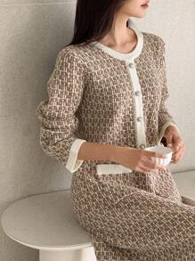 DAZY Women All-Over Print Crew Neck Long Sleeve Button Up Front Casual Knit Sweater Dress, Autumn/Winter - Khaki - View 3